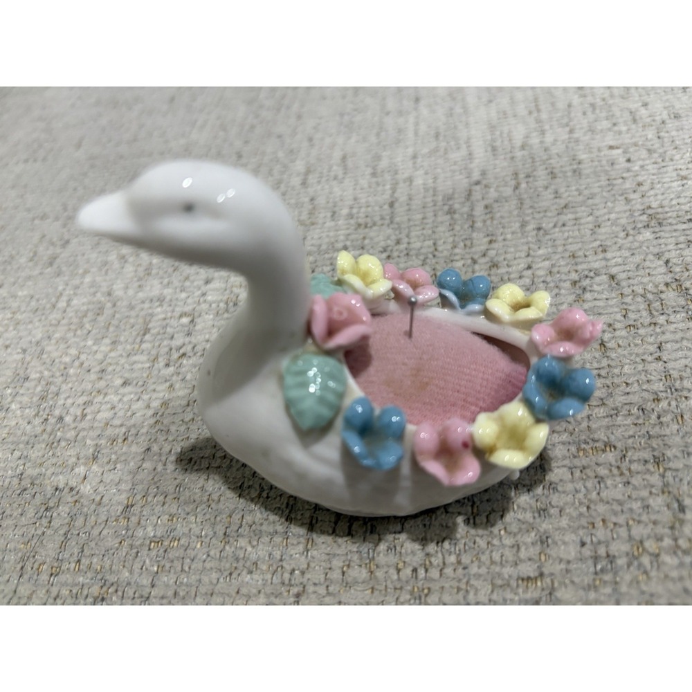 Vintage Bone China Swan Pin Cushion Floral - Picture 3 of 4